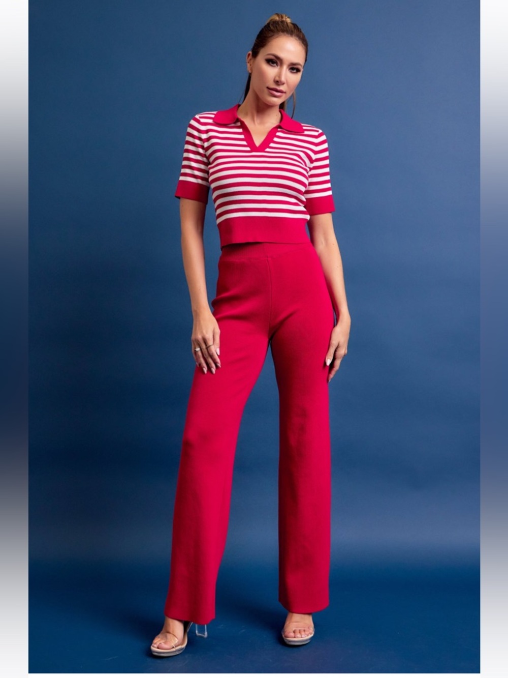265. Calm Day Stripe Knit Top and Pants Set in red - Picture 3 of 7